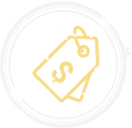 Two yellow-outlined price tags with a dollar sign, representing Louisiana seafood or Cajun foods, on a white circle.