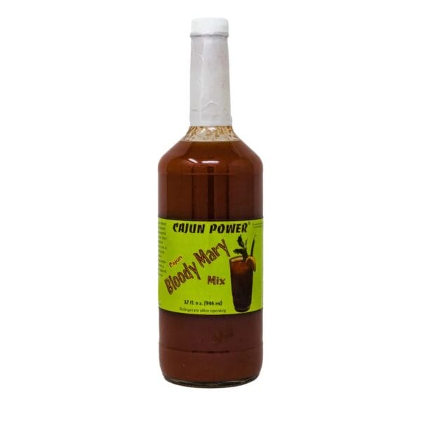 Cajun Power Bloody Mary Mix with a green label and white cap, filled with reddish-brown liquid, ideal for Louisiana seafood.