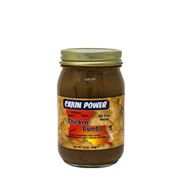 Cajun Power Chicken Gumbo in a jar with a gold lid, offering authentic Louisiana flavor for Cajun cuisine fans.