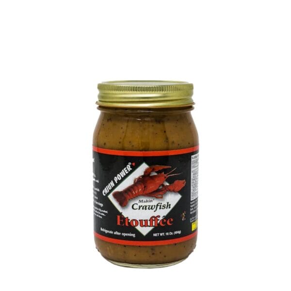 Cajun Power Crawfish Etouffee in a 16 oz jar with gold lid and crawfish label, perfect for Cajun recipes.