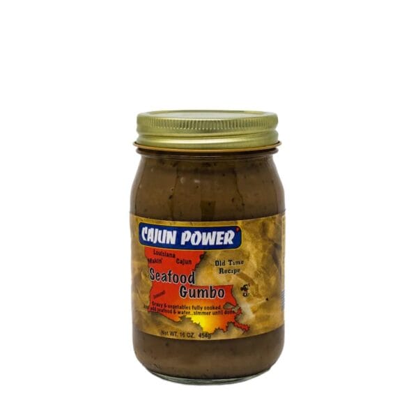 A 16oz Cajun Power Seafood Gumbo jar with a gold lid and yellow label featuring red and blue text, highlighting Louisiana seafood.