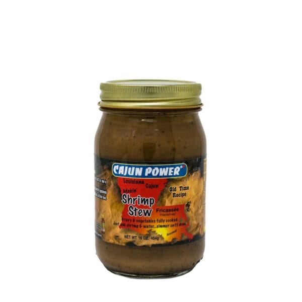 A 16 oz jar of Cajun Power Shrimp Stew, featuring authentic Louisiana seafood flavor for Cajun cuisine lovers.