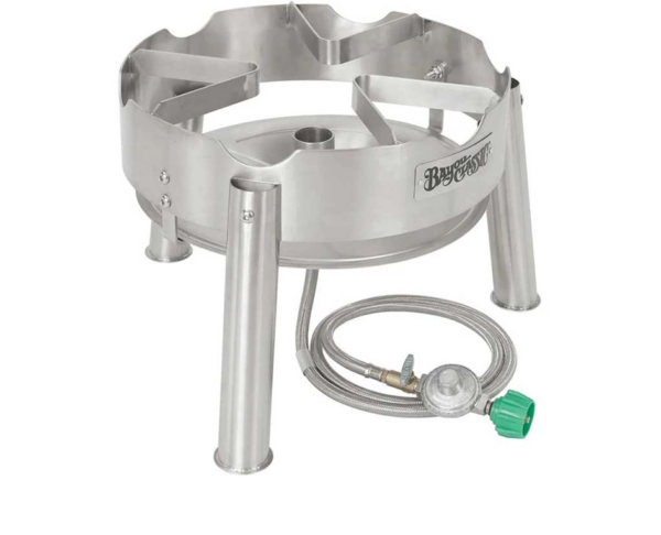 Stainless steel Bayou Classic SS1 Jet Cooker with three legs and green regulator, ideal for boiling crawfish or Cajun meals.