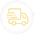 Yellow outline of a speedy delivery truck in a circle, representing nationwide shipping of Louisiana or Cajun seafood.