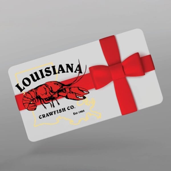 gift card LA A gift card featuring a red bow, crawfish, and “Louisiana Crawfish Co. Est. 1985”—ideal for seafood lovers.