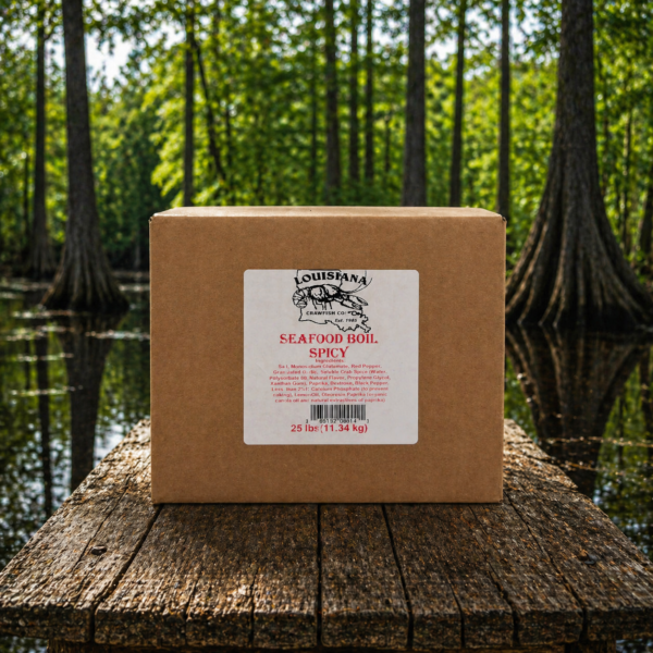 A 25lb box of LA Crawfish Co. Seafood Boil EXTRA SPICY rests on a dock, ideal for Cajun or Louisiana crawfish fans.