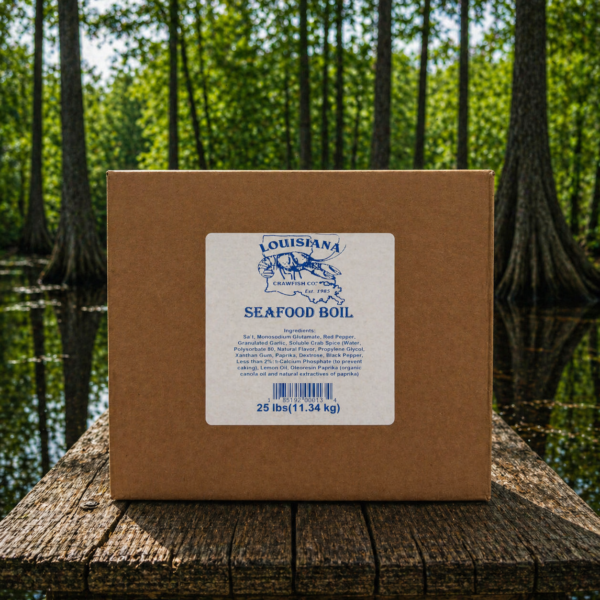 A 25lb box of LA Crawfish Co. Seafood Boil ORIGINAL rests dockside, promising authentic Louisiana flavors for your table.