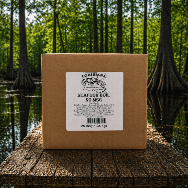 A 25lb box of LA Crawfish Co. Seafood Boil (NO MSG) rests on wood, perfect for authentic Louisiana seafood by the water.