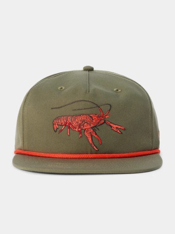 Olive green Duck Camp hat with a red lobster design and red cord brim—perfect for Cajun or Louisiana seafood lovers.