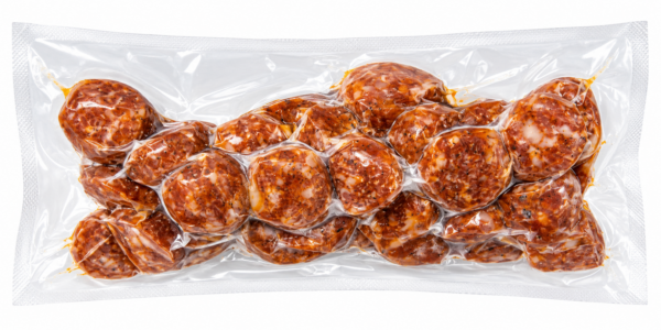 the best stop coined smoked pork sausage 12 oz back A 12oz vacuum-sealed package of The Best Stop coin-cut smoked pork sausage.