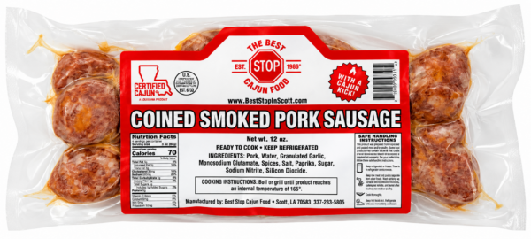 A 12oz vacuum-sealed package of six pre-sliced The Best Stop Smoked Pork Sausage coins.