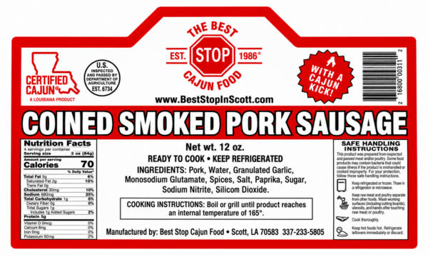 the best stop coined smoked pork sausage 12 oz label Product label for 12oz The Best Stop Smoked Pork Sausage Coin Cut, showing nutrition, ingredients, and instructions.