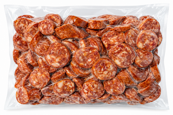 the best stop coined smoked pork sausage 4.375 lb back A 4.375 lb vacuum-sealed package of The Best Stop Smoked Pork Sausage, pre-sliced into coin cuts.