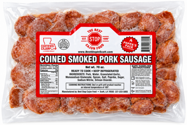A vacuum-sealed 4.375 lb package of The Best Stop Smoked Pork Sausage, pre-sliced into coin cuts.