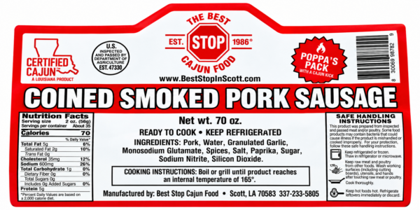 the best stop coined smoked pork sausage 4.375 lb label Product label for The Best Stop Smoked Pork Sausage (Coin Cut, 4.375 lb) with nutrition, ingredients, and instructions.