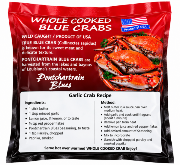 pontchartrain whole cooked crabs back A red package of Pontchartrain Whole Cooked Blue Crabs, featuring an American flag icon and a garlic crab recipe.