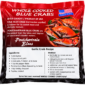A red package of Pontchartrain Whole Cooked Blue Crabs, featuring an American flag icon and a garlic crab recipe.