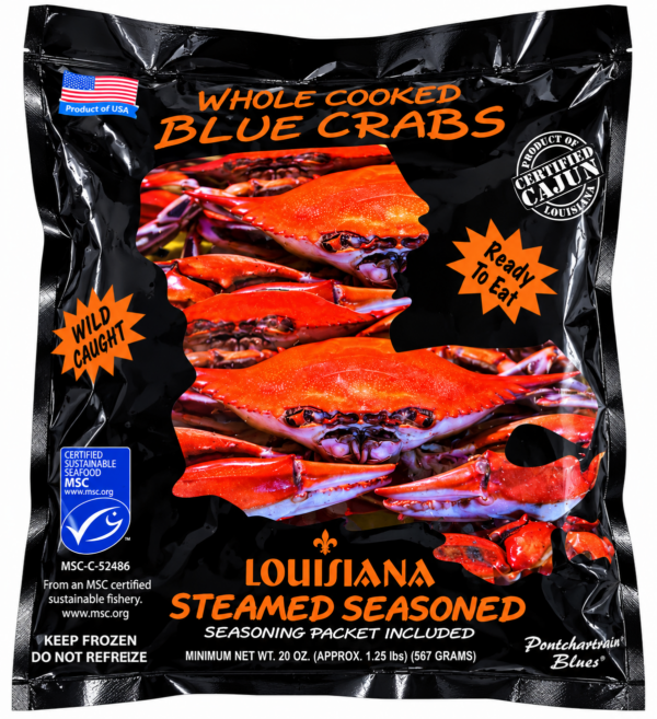 pontchartrain whole cooked crabs front A bag of steamed and seasoned Pontchartrain whole cooked blue crabs.