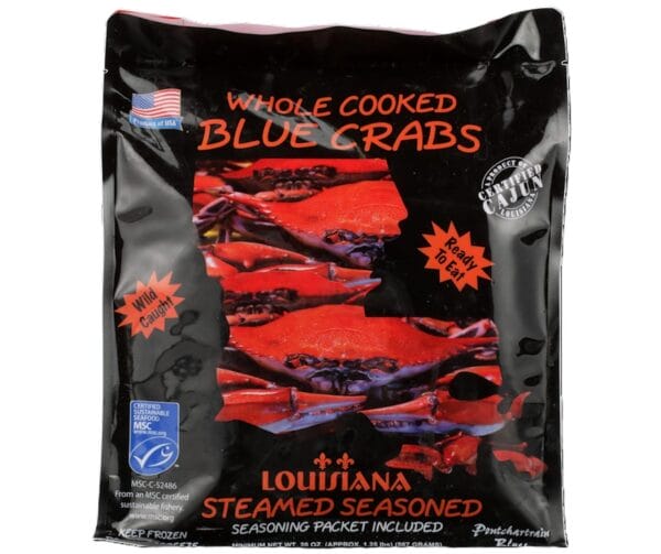 A black package of Pontchartrain Whole Cooked Blue Crabs labeled steamed seasoned, ready to eat, and wild caught.