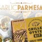 A Bayou Carlin Oyster Combo Garlic Parmesan kit beside cooked oysters, showcasing Louisiana Cajun seafood flavors.