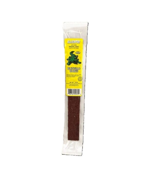 Alligator Jerky Original, 0.75oz, in clear plastic with a yellow label—perfect for fans of Cajun-style meats.