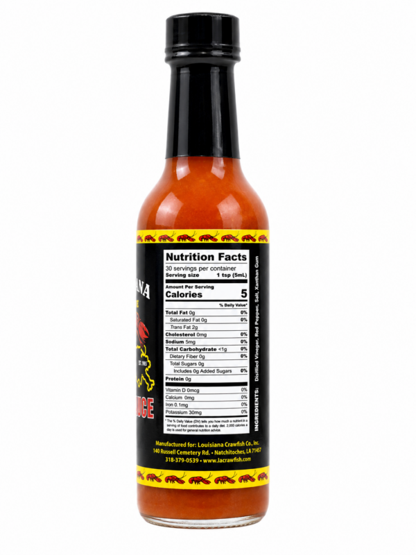 hot sauce back A bottle of Louisiana Crawfish Co. Hot Sauce, displaying its nutritional facts and ingredient list.