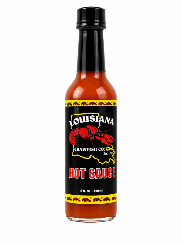 Louisiana Crawfish Co. hot sauce bottle with a black label, red crawfish illustration, and yellow trim.
