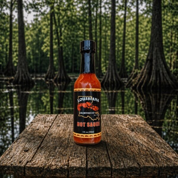 Louisiana Crawfish Co. Hot Sauce - Louisiana Crawfish Co Louisiana Crawfish Co. Hot Sauce on a table beside a swamp, perfect for adding heat to Cajun food and seafood dishes.