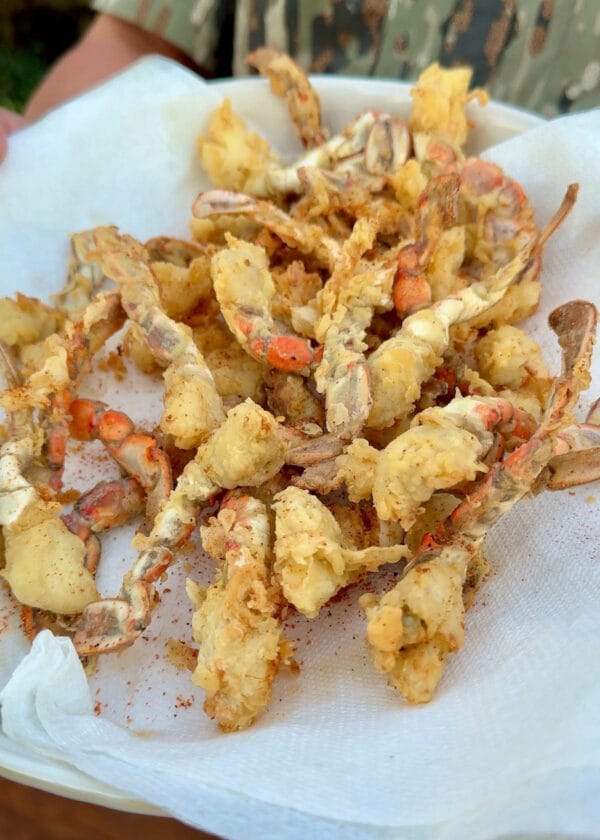 Pontchartrain Jumbo Lump Crab Swimmers 8 oz Lightly battered and fried Pontchartrain Jumbo Lump Crab Swimmers sit on a plate lined with paper towels.