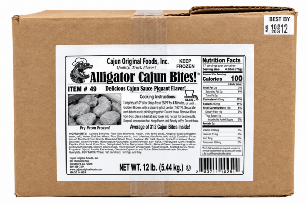 A 12lb bulk box of Cajun Original Foods Alligator Boudin Bites featuring a nutrition label and cooking instructions.