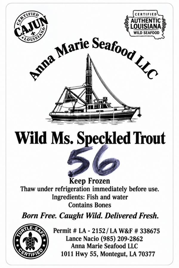 anna marie speckled trout front Product label for an Anna Marie Speckled Trout filet, featuring a boat illustration and contact details.