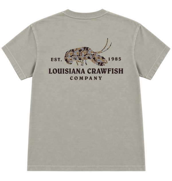 Camo crawfish shirt with a crawfish graphic and “Est. 1985 Louisiana Crawfish Company” text on the back.