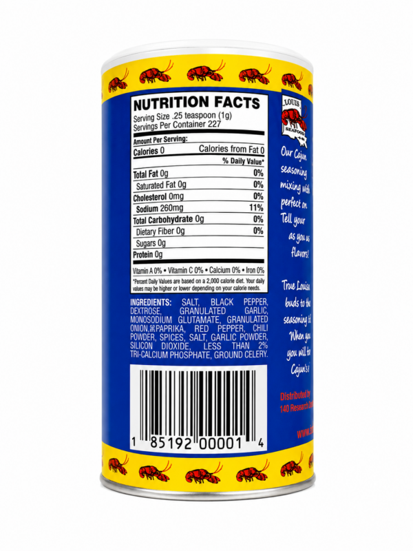 creole back Back of an LA Crawfish Co Creole Seasoning packet showing nutrition facts, ingredients, and a barcode.