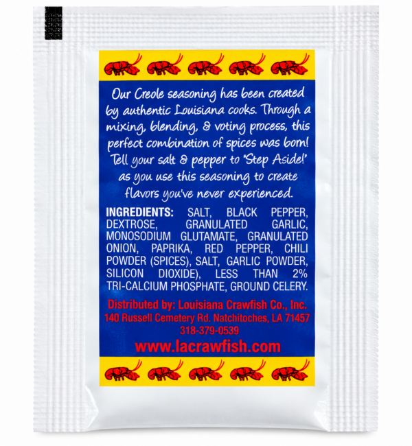 creole seasoning single back LA Crawfish Co Creole Seasoning packet with ingredients, details, and red crawfish on a clean white background.