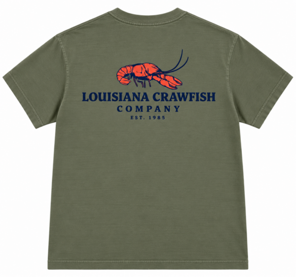 Olive green Southern Crawfish shirt featuring a red crawfish and “Louisiana Crawfish Company Est. 1985” on the back.