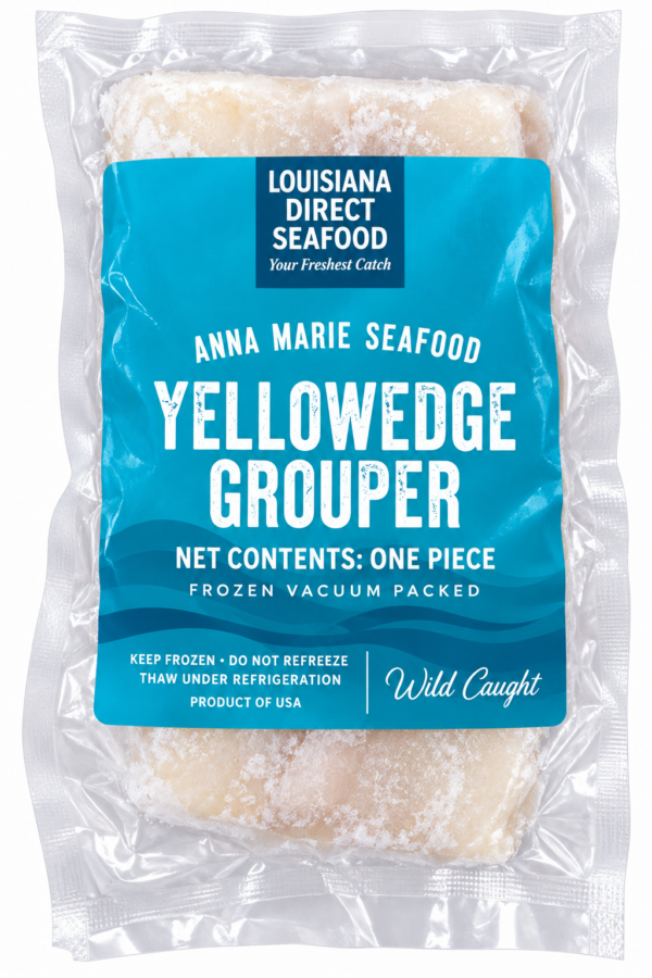 A frozen Anna Marie grouper filet in a clear vacuum-sealed package with a blue label.