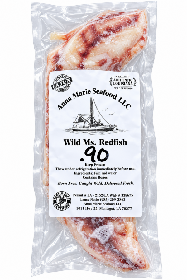 A vacuum-sealed filet of Anna Marie Redfish, labeled with a boat illustration.